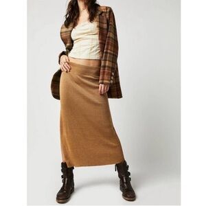 Free People Golden Hour Ribbed Knit High Rise Side Slit Midi Skirt Tan M NWOT